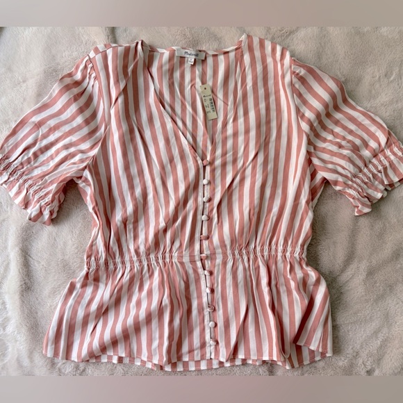 NWT Madewell Courtyard Ruffle Hem Peplum Striped Top Blush Size S - Picture 4 of 7